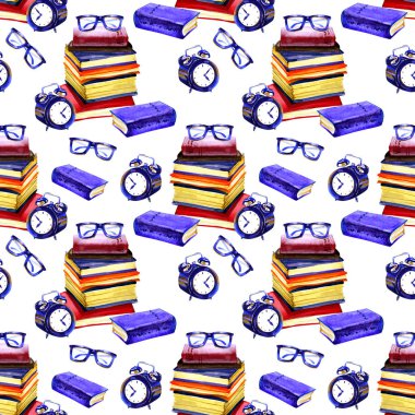 Suluboya Kitap dikişsiz desen. Suluboya dokusu. Okul temalı tasarıma geri dönelim. Kırmızı, Yeşil, Mavi Beyaz fon.