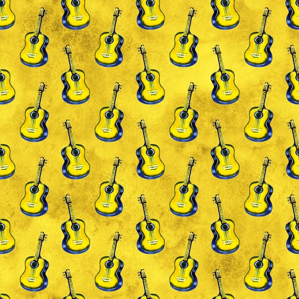 Бесшовный акварельный рисунок акустическая классическая деревянная желтая гитара для текстиля, обоев, оберток, ткани . — стоковое фото