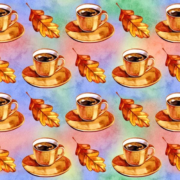 Акварельная иллюстрация, бесшовный паттен Осенний набор ароматного кофе и осенние листья — стоковое фото