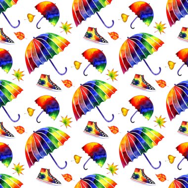Gökkuşağı şemsiyeile suluboya dikişsiz desen. Yazdırma için dijital küçük resim