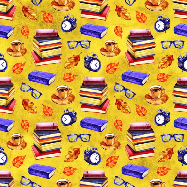 Naadloze school patroon in aquarel. Boeken, studieboeken. Ontwerp voor textiel, papier, behang, verpakking, banner, briefkaart, uitnodiging, stof — Stockfoto