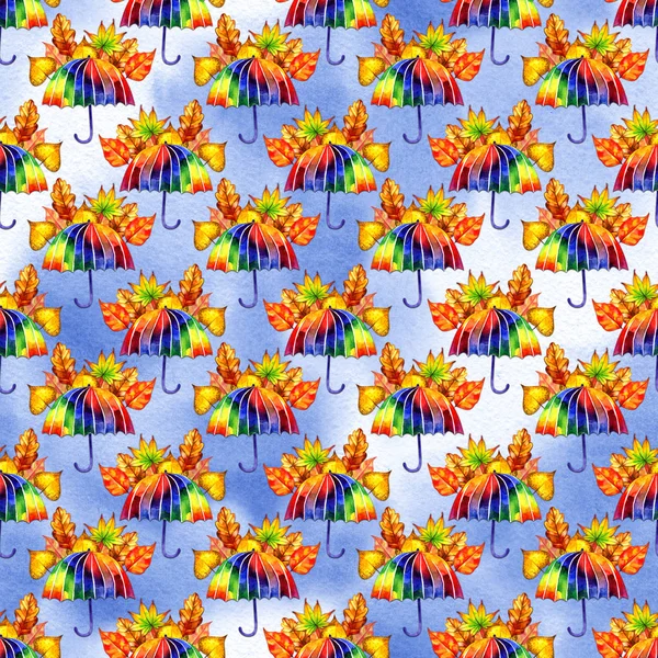 Aquarelle motif sans couture avec parapluies arc-en-ciel. Clipart numérique pour l'impression — Photo