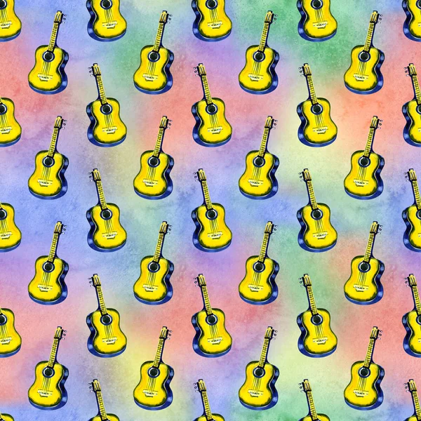 Padrão de aquarela sem costura acústica clássica guitarra amarela de madeira para têxteis, papel de parede, invólucros, tecido . — Fotografia de Stock