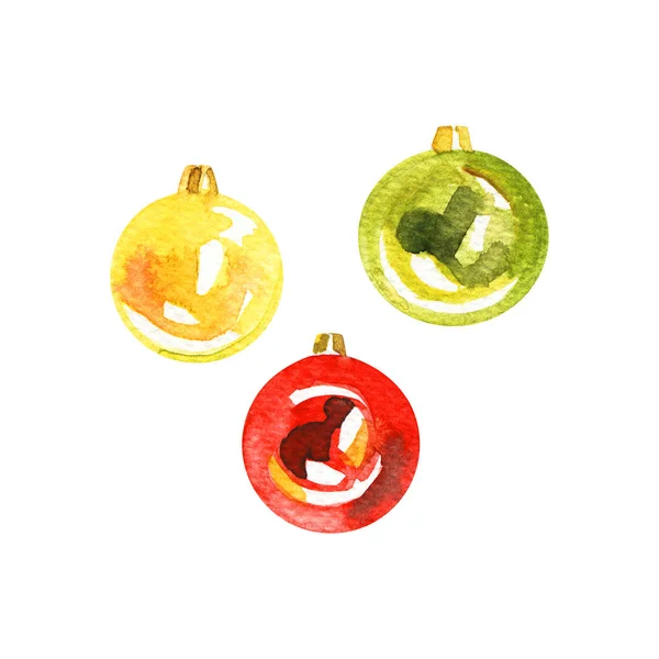 Σετ διακοσμητικά ακουαρέλα Χριστούγεννα μπάλες που απομονώνονται σε λευκό φόντο. — Φωτογραφία Αρχείου