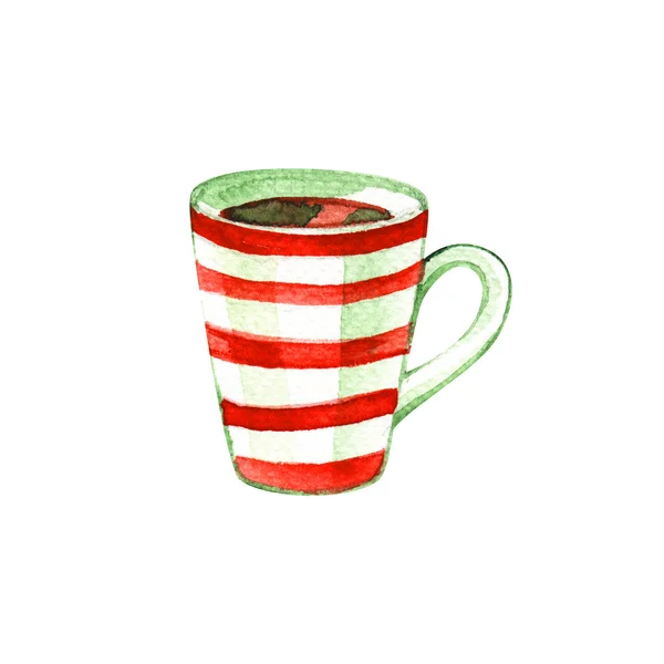 Akvarel z bílého šálku s červenými pruhy. Šálek kávy izolovaný na bílém držadli na pozadí. Prvky do nabídky návrhu nebo karet — Stock fotografie