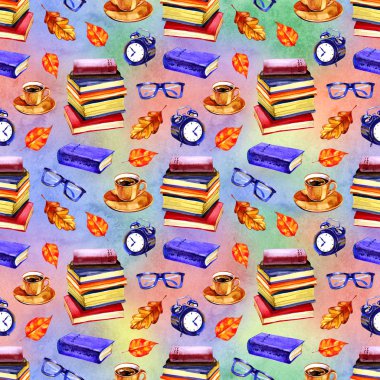 Kitap ile Sonbahar ruh sorunsuz suluboya desen. El boyaması tekrarlayan romantik illüstrasyon.