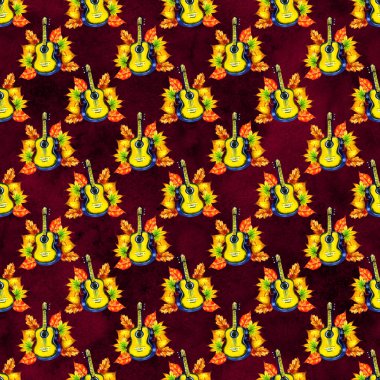 Müzik aleti ile sorunsuz bir arka plan deseni. Suluboya gitar ve sonbahar yaprakları. Yaprak müzik, vintage harfler vb artıkları ile Sonbahar tekrar baskı