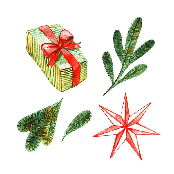 Ilustración de acuarela de regalos de Año Nuevo y Navidad en un paquete, ramas de abeto, dibujo a mano alzada de un regalo sobre un fondo blanco —  Fotos de Stock