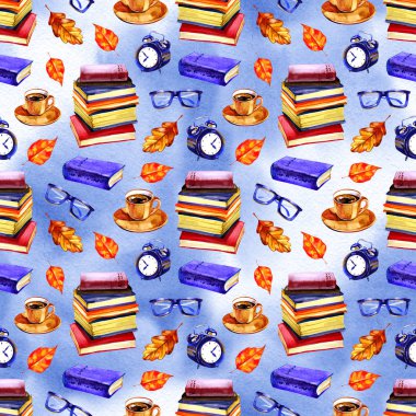 Kitap ile Sonbahar ruh sorunsuz suluboya desen. El boyaması tekrarlayan romantik illüstrasyon.