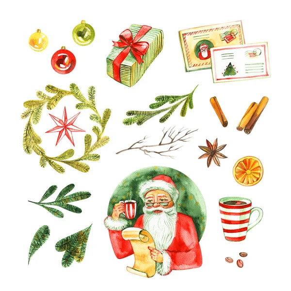 Санта Клаус держит в руках пустой список желаний и пьет кофе. Акварель — стоковое фото