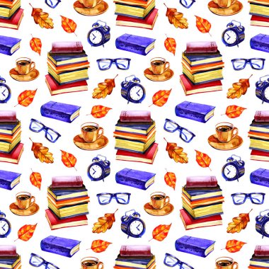 Kitap ile Sonbahar ruh sorunsuz suluboya desen. El boyaması tekrarlayan romantik illüstrasyon.