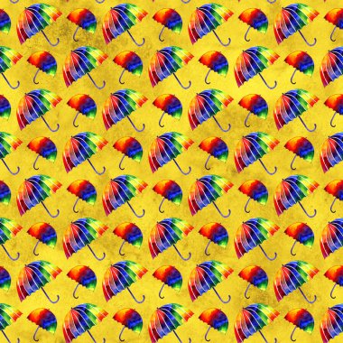 Suluboya resim illüstrasyon gökkuşağı şemsiye. Kesintisiz yineleme deseni. Renkli bir görüntü. Elle çizilmiş resim. Kumaş, kağıt, giyim üzerine baskı için harika bir seçenek.