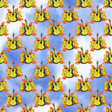 Müzik aleti ile sorunsuz bir arka plan deseni. Suluboya gitar ve sonbahar yaprakları. Yaprak müzik, vintage harfler vb artıkları ile Sonbahar tekrar baskı