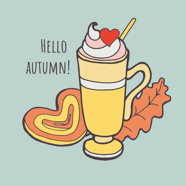 Copa café cappuccino quente com folhas de outono. Conceito de humor de outono. Imagem quente do outono. Ilustração da queda . —  Vetores de Stock