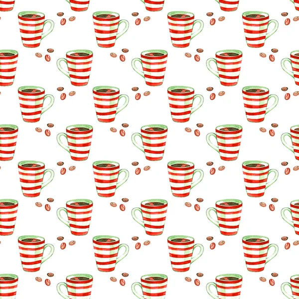 Watercolor christmas cute illustrations collection. Holiday coffee seamless background. Christmas pattern for scrapbook and design — Stock Photo, Image