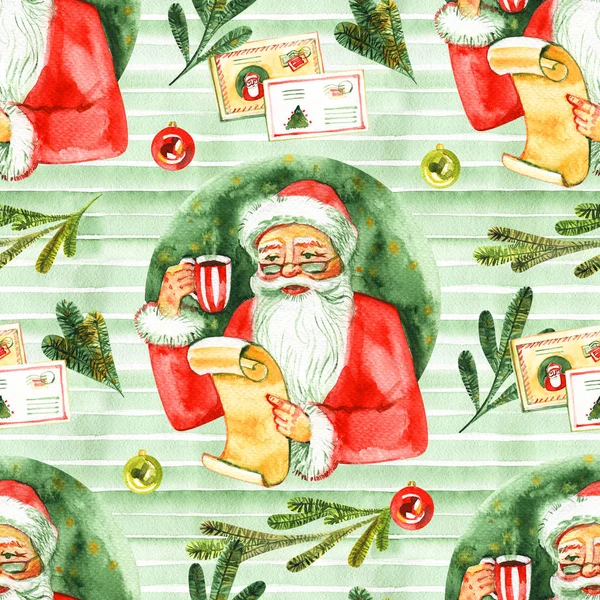 Natal fundo sem costura com carta para Papai Noel. Ano Novo e Natal feriado vintage padrão, aquarela e gráfico mão desenhada ilustração com letras . — Fotografia de Stock