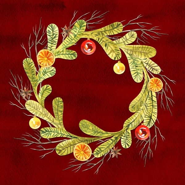 New year wreath - fir tree. Watercolor illustration, greeting card — Stock Photo, Image