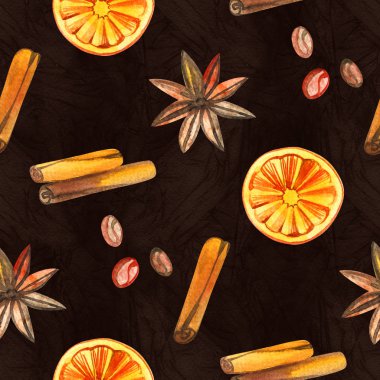 Sıcak kış içeceği ile dikişsiz suluboya deseni . Kahve, çikolata, mulled şarap, tarçın ve diğer unsurlar