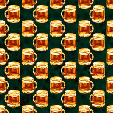 bira suluboya kupaları ile dikişsiz desen, alkollü içecekler süs, oktoberfest arka plan, el çizilmiş illüstrasyon. Aziz Patrick günü
