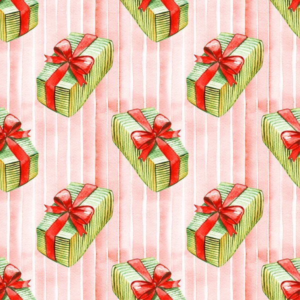 艺术无缝图案的圣诞快乐假期与手绘水彩装饰元素 - 冬青浆果，红色蝴蝶结，礼品盒隔离在白色背景。包装纸，卡片设计. — 图库照片