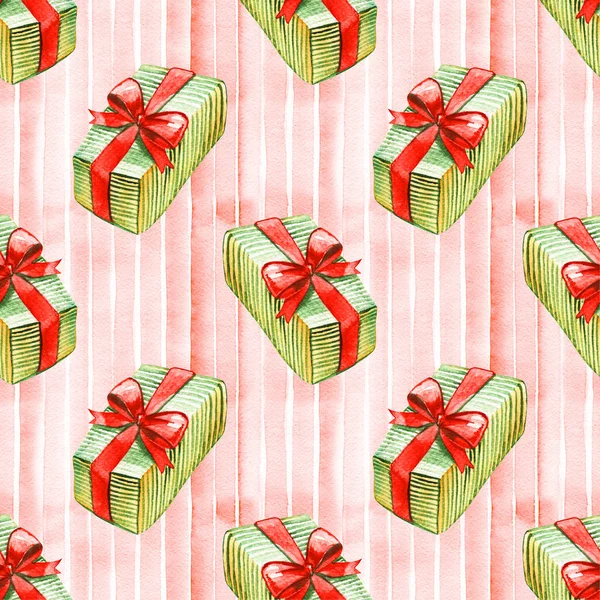 Artistic seamless pattern for Merry Christmas holiday with hand drawn watercolor decor elements - holly berry, red bow, gift box isolated on white background. Packaging paper, cards design.