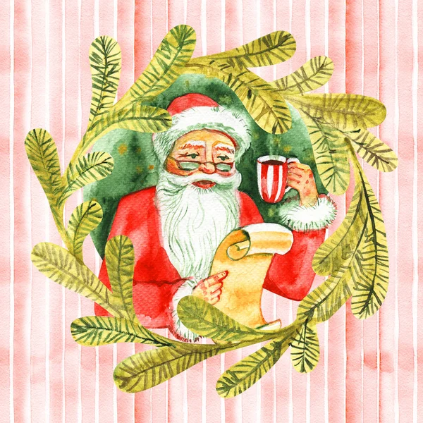 Кругла різдвяна рамка вінок з ялинових гілок, листівка, акварельна ілюстрація . — стокове фото