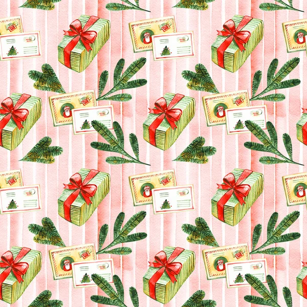 Artistic seamless pattern for Merry Christmas holiday with hand drawn watercolor decor elements - holly berry, red bow, gift box isolated on white background. Packaging paper, cards design.