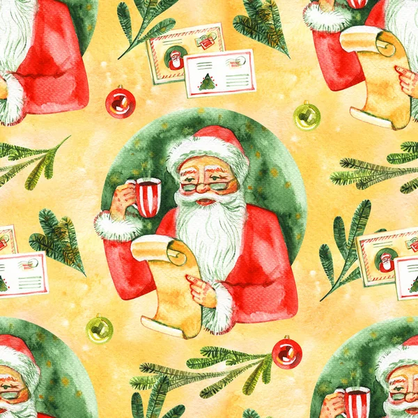Joyeux Noël et bonne année Modèle sans couture avec le Père Noël et des cadeaux sur fond blanc. Illustration aquarelle . — Photo