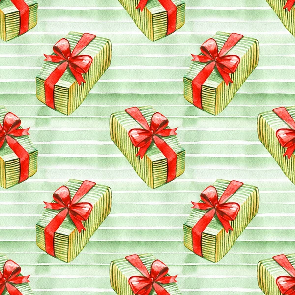 손으로 그린 수채화 장식 요소와 메리 크리스마스 휴가를위한 예술 원활한 패턴 - 홀리 베리, 빨간 활, 흰색 배경에 고립 된 선물 상자. 포장 용지, 카드 디자인. — 스톡 사진