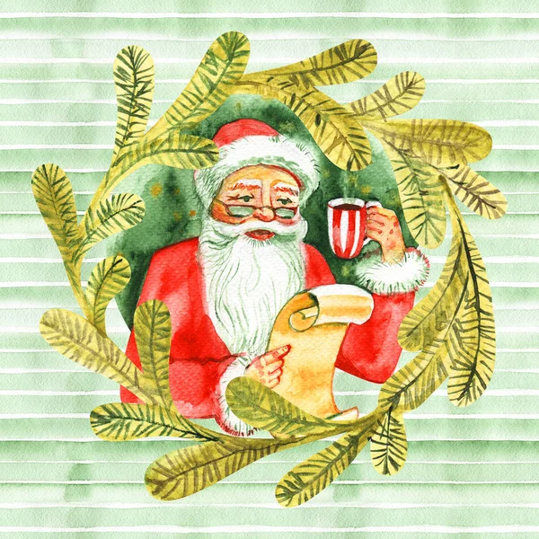 Урожай аквареллю милі Санта-Клауса пити гарячий чай, каву і читає букв. Взимку аквареллю Різдво ілюстрація казки, елементів дизайну свято — стокове фото