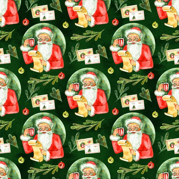 Merry Christmas and Happy New Year Seamless pattern with Santa and gifts on white background. Watercolor illustration. — Stock Photo, Image