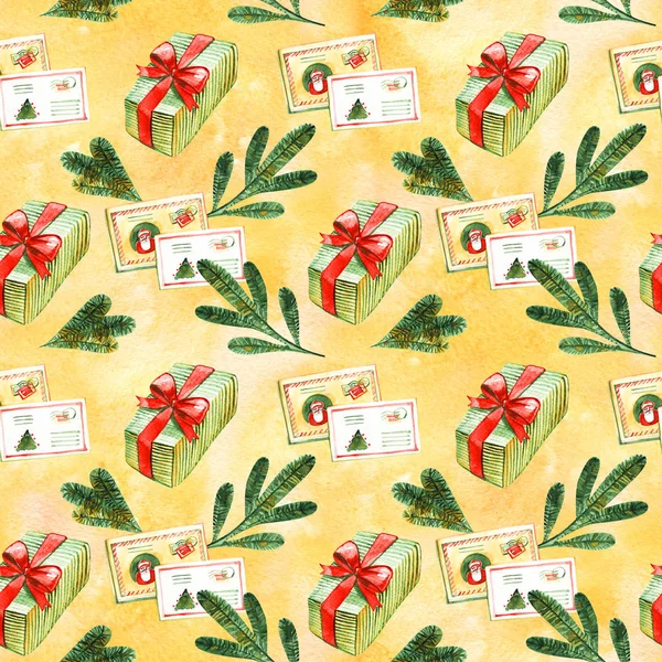크리스마스와 새해 선물과 원활한 패턴. 수채화 일러스트레이션 — 스톡 사진