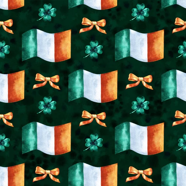 Fondo sin costuras con los símbolos del Día de San Patricio. Acuarela ilustración dibujada a mano con bandera irlandesa — Foto de Stock