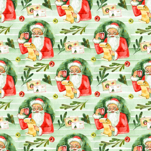 Kellemes karácsonyi ünnepeket és boldog új évet varratmentes mintázat Mikulás és ajándékok fehér alapon. Akvarell illusztráció. — Stock Fotó