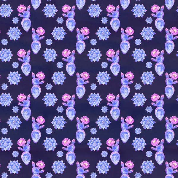 Acuarela dibujado a mano exótica botánica cactus azules ilustración patrón sin costura aislado sobre fondo blanco —  Fotos de Stock