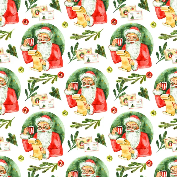 Рождество бесшовный фон с письмом к Санта-Клаусу. Новогодний и рождественский праздник винтажный узор, акварель и графическая иллюстрация ручной работы с надписью — стоковое фото