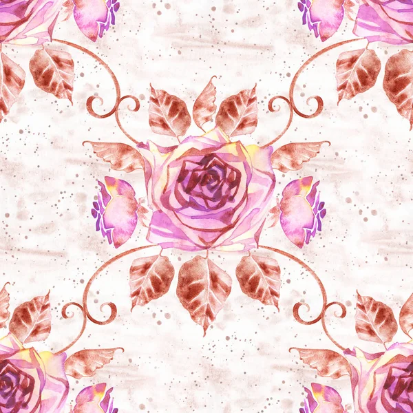 Akvarell Rózsa varrat nélküli mintát. Varratmentes textúra a boho rózsákkal. Kézzel festett Vintage kertészeti háttér. — Stock Fotó