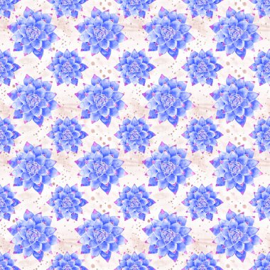 Suluboya el çizilmiş egzotik botanik mavi kaktüsler illüstrasyon dikişsiz desen beyaz arka plan üzerinde izole