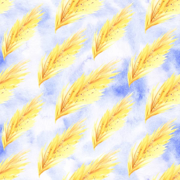 Watercolor hand painted yellow feathers illustration seamless pattern isolated on white background. Seamless texture with hand drawn feathers. Illustration for your design. Bright colors.