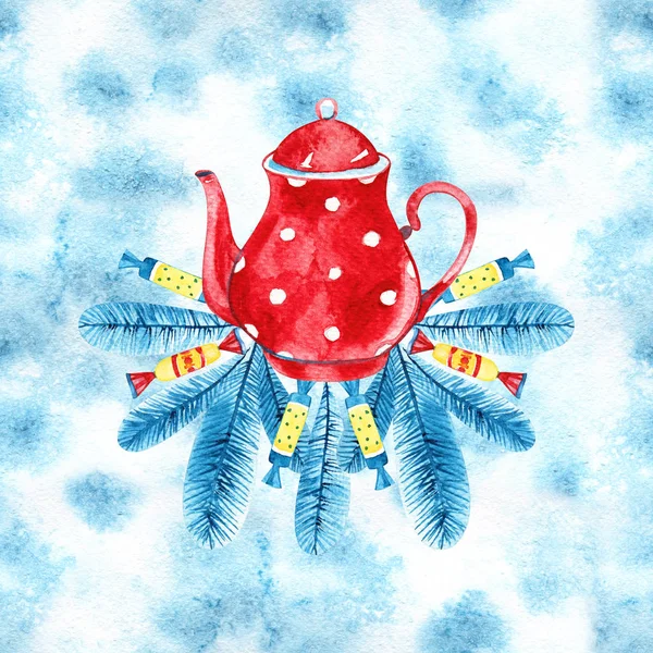 Feliz Navidad y Feliz Año Nuevo. Ilustración de acuarela con una selección de bebidas calientes: sidra de manzana, té, chocolate, cappuccino.Handpainted acuarela clipart.What bebida caliente prefiere este invierno — Foto de Stock