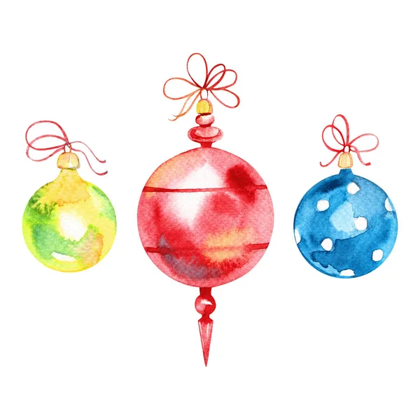 Set kerstversiering op kerstboom van aquarel vlekken blots. Hand tekening illustratie. — Stockfoto