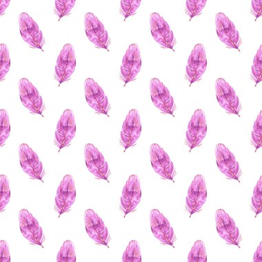 El boyalı suluboya tüyleri beyaz arka plan üzerinde sorunsuz desen. Dokulu pembe boho dekorasyon. Ambalaj kağıdı, kumaş ve tekstil için pastel süs.