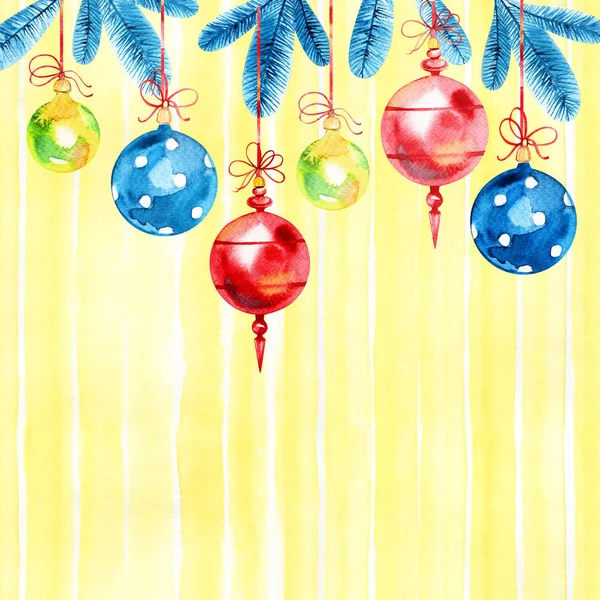 Акварельні різдвяні та новорічні прикраси. Різдвяні кульки на ялині . — стокове фото