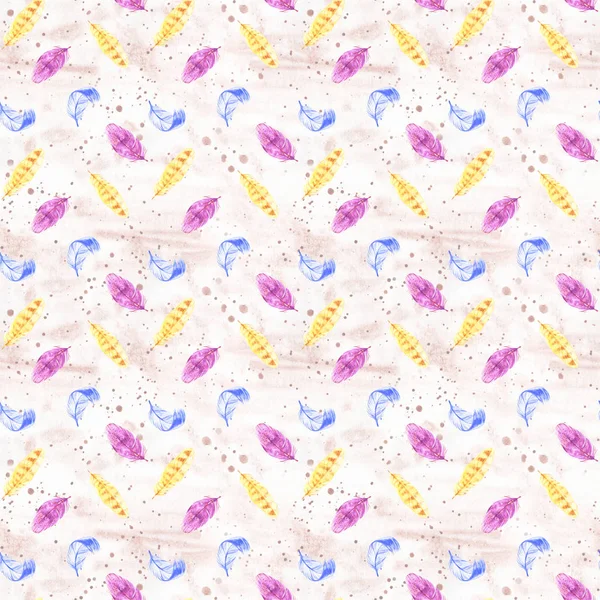 Handmålade akvarell fjädrar sömlösa mönster på vit bakgrund. Strukturerad rosa Boho dekoration. Pastell prydnad för omslagspapper, tyger och textil. — Stockfoto