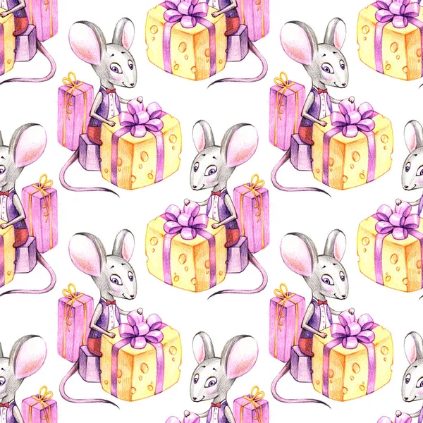 Christmas mouse seamless pattern. Cartoon illustration. Mice with gift boxes.