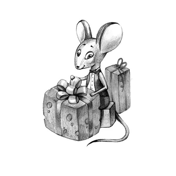 Świąteczna mysz z upominkami. Nowy rok, listonosz, symbol roku, 2020, pocztówka. — Wektor stockowy