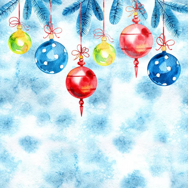 Akvarell karácsony és újév díszítéssel. Karácsonyi labdák lucfenyő. — Stock Fotó