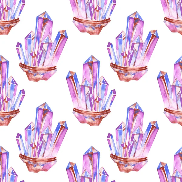 Aquarell nahtloses Muster mit Amethyst-Kristall. perfekt für Grußkarten, Hochzeitseinladungen, Verpackungsdesign und Dekorationen. — Stockfoto