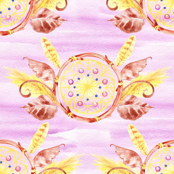 Sömlös mönster med Dreamcatchers, hand dras i akvarell. Sömlös textur med handritade fjädrar. Illustration för din design. Ljusa färger. — Stockfoto