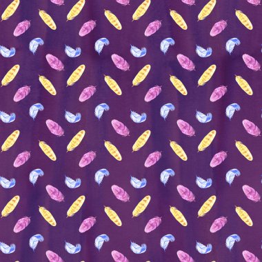 El boyalı suluboya tüyleri beyaz arka plan üzerinde sorunsuz desen. Dokulu pembe boho dekorasyon. Ambalaj kağıdı, kumaş ve tekstil için pastel süs.